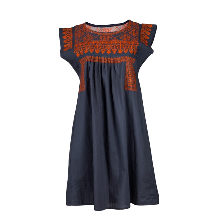 Gypsy nomad dress, a very pretty cotton dress that is hand embroidered in a range of beautiful tangerine colors set on a slate background. From Beshlie Mckelvie.