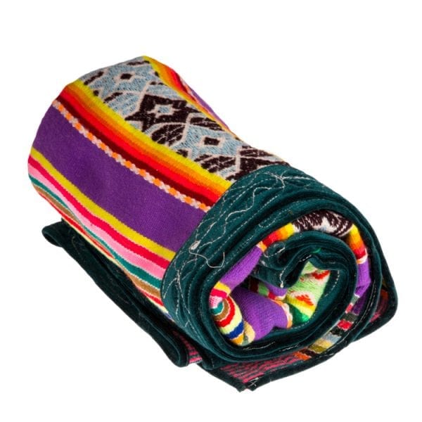 Fair trade Peruvian frazadas with green trim. These blankets can take over a month to make, traditionally woven to celebrate the birth of a child or a daughter's marriage. Fair trade from Beshlie Mckelvie.