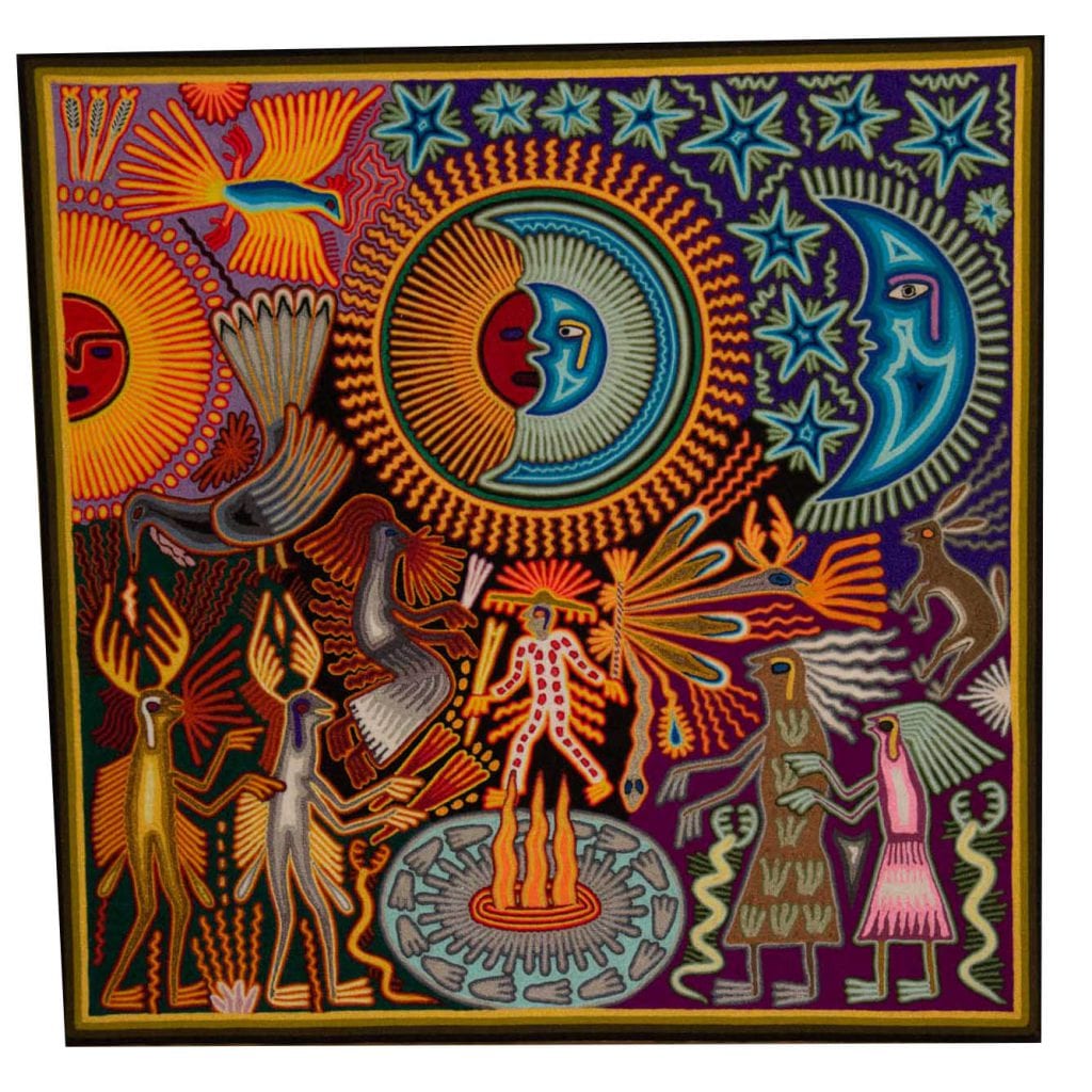 Stunning traditional Huichol art yarn painting featuring the sun and moon. Buy fair trade Mexican textiles & support local Huicol communities.