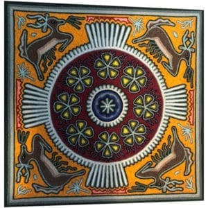 Stunning traditional Huichol art yarn painting featuring deer around a circle. Buy fair trade Mexican textiles & support local Huicol communities.