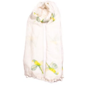 Paradise parrot dupatta is made in Southern India. Scarves are hand dyed & block printed with a beautiful yellow bird. Each tassel is hand sewn. From Beshlie Mckelvie.