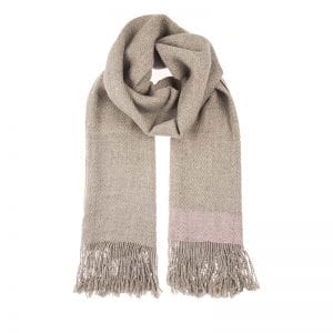 Sensational fawn alpaca shawl hand woven by a co operative of Aymaran women in La Paz in Bolivia. This natural tone scarf is luxurious, light weight & soft. Buy fair trade scarves from Beshlie McKelvie.
