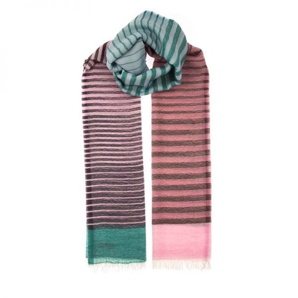 Fair trade striped shawl hand woven in a blend of 80% wool & 20% cashmere. This unisex scarf is a one of a kind, dress up your suit with a splash of colour. Fair trade scarves from Beshlie McKelvie.