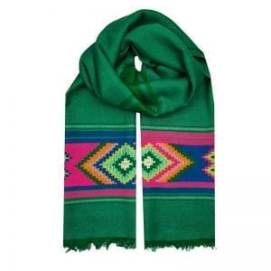 Stunning green handwoven scarf with a colourful Aztec motif. In the Nahuatl Aztec language, Totec is the God of spring, representing the renewal of seasons.
