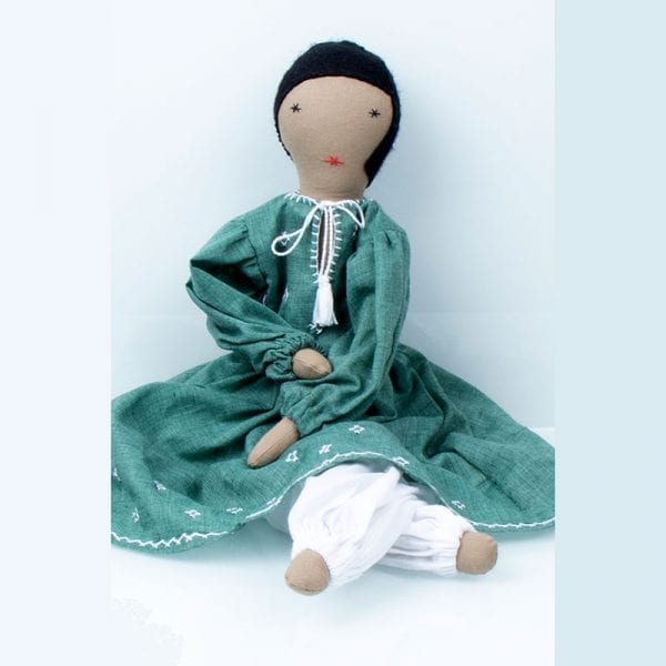 Original and unique upcycled ragdoll, Nargis.This doll is made by women refugees from Afghanistan through Social Enterprise Silaiwali in India.