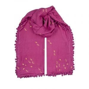 Our classic gold swallow dupatta is printed in a grape vine purple. Each scarf is created individually by Indian weavers and block printers.