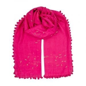 Hot pink dupatta with our classic gold swallow print is a blend of 80% cotton & 20% silk. Individually hand dyed &block printed. Each tassel is hand sewn.