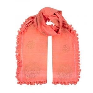 Our Sophia dupatta is a blend of 80% cotton & 20% silk. Beautiful peach colour with hand block printed design with each tassell hand sewn.