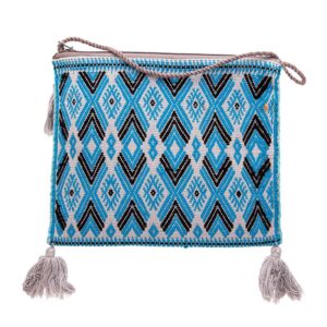 Stylish handwoven Mexican bag in sky blue tones with a diamond pattern. Made by local women artisans in the Chiapas region of Mexico.