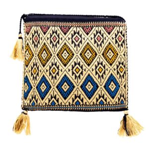 Gorgeous handwoven bag with a blue and yellow diamond design made in mexico by women artisans in Chiapas. Each bag is unique and fair trade.