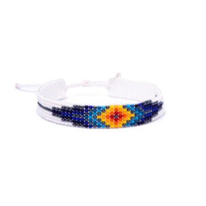 Handmade Huichol beaded bracelet with a diamond sun pattern. Made by local artisans in Mexico using traditional techniques.
