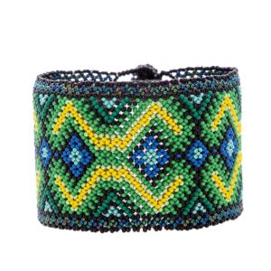 Handcrafted Zafiro, a Huichol bracelet featuring vibrant green and yellow zigzag patterns with captivating blue centers. Fair trade Accessories - Beshlie.