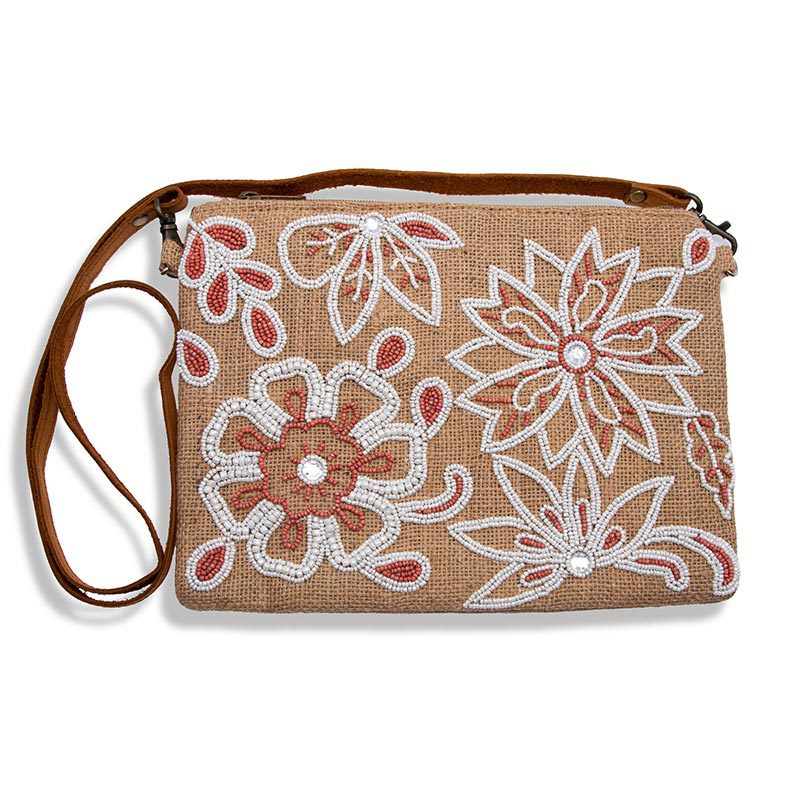 Embrace the charm of Florablanca, a handbag & clutch featuring hand-stitched floral elegance on hessian. Support fair trade & women artisans.