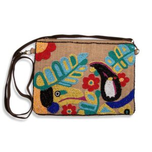Discover Amazonia, a versatile handbag & clutch with a captivating bird motif, handcrafted by women artisans. Embrace fair trade, artistry & empowerment.