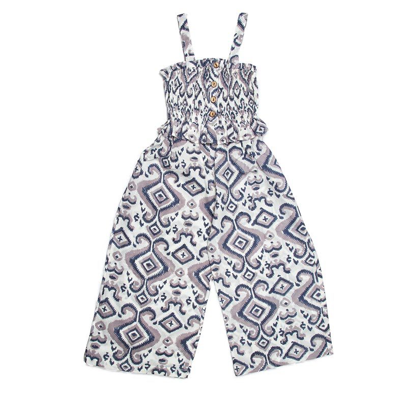 Ikat Design Jumpsuit - Playful children's jumpsuit with a lovely light color and detailed ikat pattern. Comfy, light, and perfect for fun-filled adventures.