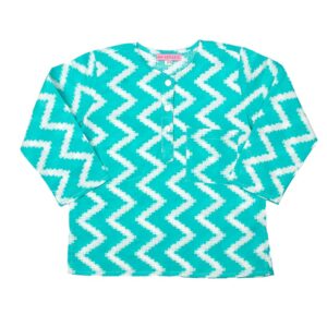 Under the Sea Shirt, a children's shirt in adorable aquamarine featuring a charming zig zag pattern. Comfy, light, and playful, in Khadi cotton. Fair Trade.