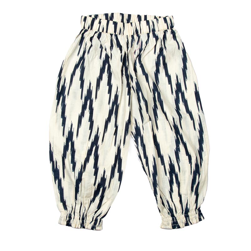 Indigo Blue Trousers - Vibrant children's trousers with zig zag pattern. Lots of flow for playtime. Perfect fun trousers for kids.