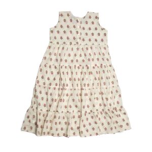 Solstice Sundress, a delightful children's dress in cream adorned with small pretty flowers. Khadi cotton, comfort, style, and a touch of whimsy