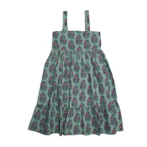 Stylish and comfy Flower Meadow Children's Dress in green with hand-embroidered flowers. Made with love from 100% organic khadi cotton.