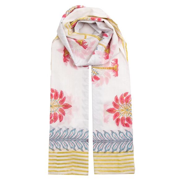 "White sarong adorned with pink palm motifs, blue wave designs at the bottom, and subtle golden stripes."