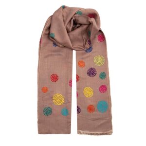 Elegant wool and cashmere blend scarf featuring colourful hand-embroidered mandala designs on an earthy backdrop.