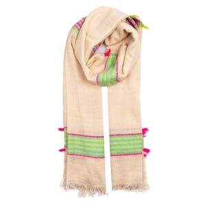 Soft pink cashmere scarf with vibrant green, pink, and yellow stripes, finished with hot pink tassels.