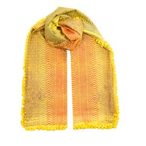 Vibrant 'Tiger Dupatta' with yellow and orange tiger-striped patterns and yellow pompom edging.