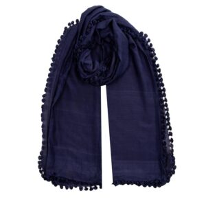 Elegant Night Blue Dupatta in deep-blue, complemented by whimsical pompom edging.
