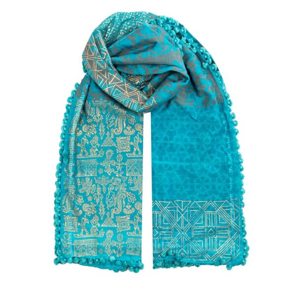 Warli in Turquoise Dupatta detailed with intricate golden folklore-inspired embroidery and pom-pom edging.