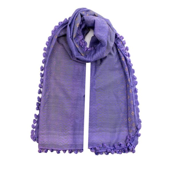 Lavender Purple Tiger Dupatta with intricate patterns and pom-pom detailing, crafted by local women artisans.