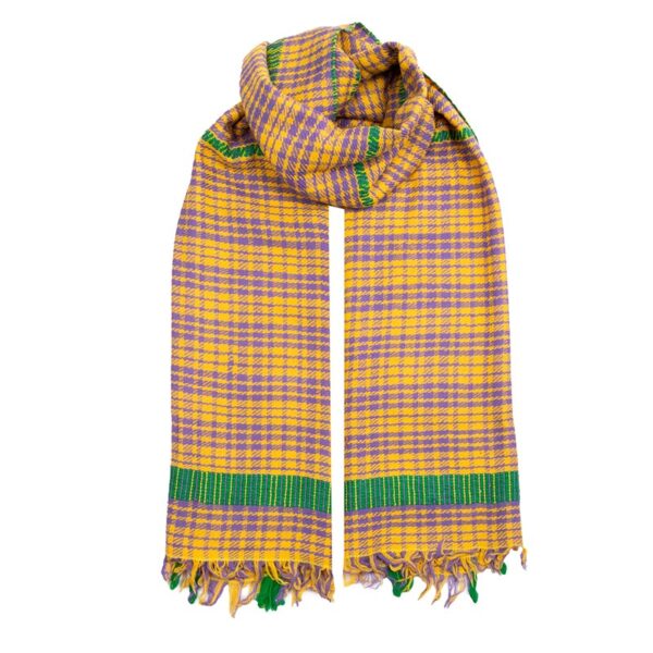 "Vibrant handwoven cashmere scarf in mustard with check patterns and bold green stripe, named 'Chunky Mustard'."