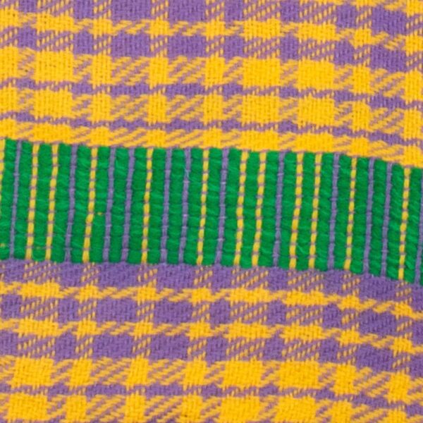 Vibrant handwoven cashmere scarf in mustard with check patterns and bold green stripe, named 'Chunky Mustard'. Close up of check pattern