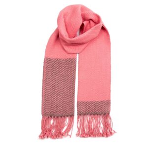 Salmon pink alpaca wool scarf, ethically hand-woven by women artisans, with detailed chevron patterns and a fringe finish.