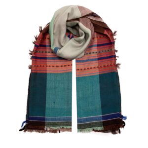 Handwoven cashmere wool scarf with vibrant stripes and patterns, named 'Winter Solstice'.